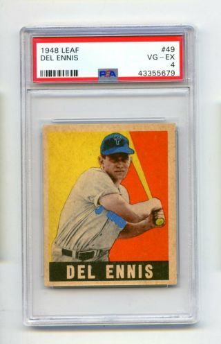 1948 Leaf Del Ennis 49 Philadelphia Phillies Baseball Card Psa Vg - Ex 4