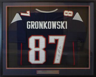 Patriots Rob Gronkowski Autographed Signed Framed Blue Jersey Beckett 130334