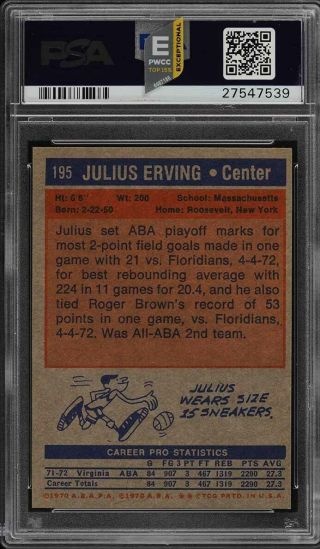 1972 Topps Basketball Julius Erving ROOKIE RC 195 PSA 9 (PWCC - E) 2