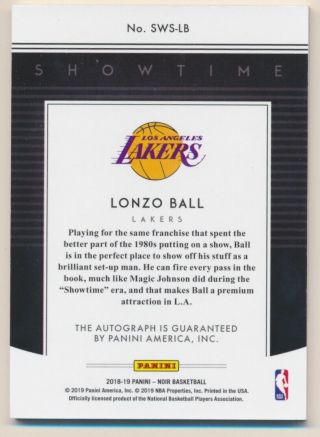2018 - 19 Panini Noir Showtime Signatures 10 Lonzo Ball Auto /99 - NM - MT 2
