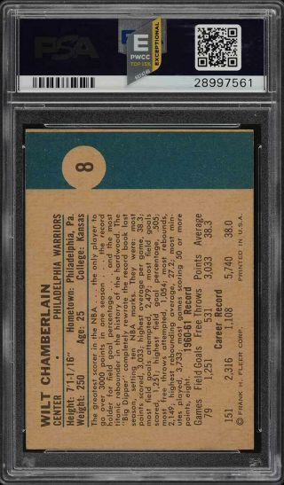 1961 Fleer Basketball Wilt Chamberlain ROOKIE RC 8 PSA 7.  5 NRMT,  (PWCC - E) 2