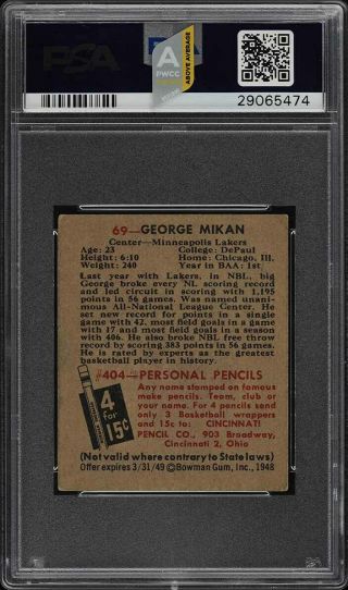 1948 Bowman Basketball George Mikan ROOKIE RC 69 PSA 5.  5 EX,  (PWCC - A) 2