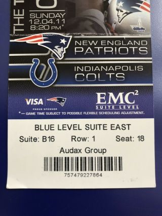 England Patriots Full Ticket Stub Tom Brady v Indianapolis Colts Win 120 2TD 3