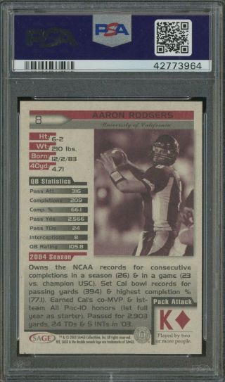 2005 Sa - Ge Hit 8 Aaron Rodgers Green Bay Packers RC Rookie PSA 10 2