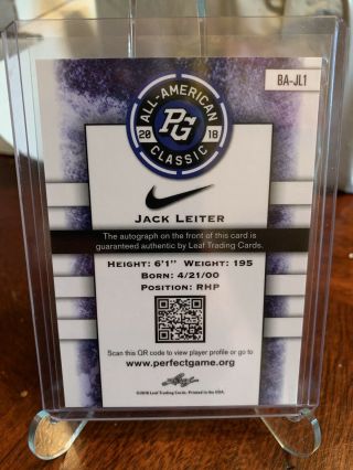 2018 Leaf Metal Perfect Game All American Jack Leiter Base Auto 2