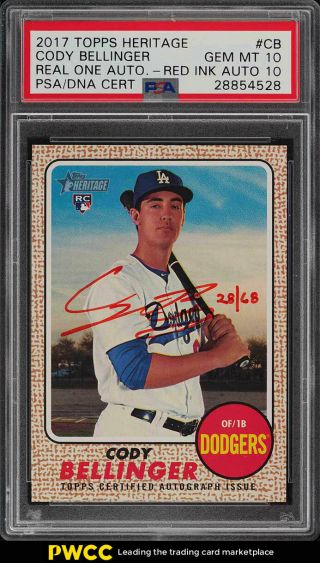 2017 Topps Heritage Red Ink Cody Bellinger Rc,  Psa/dna 10 Auto /68 Psa 10 (pwcc)
