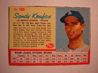 1962 Post,  109 Sandy Koufak,  Scarce Of - 15,  Exmt -