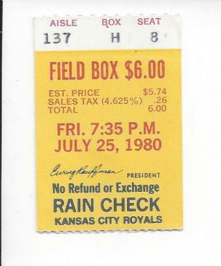 Reggie Jackson Hr 396 7 - 25 - 1980 Ticket Stub Royals 6 - 1 Over Yankees