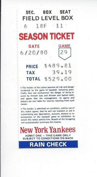 Reggie Jackson Hr 386 6 - 20 - 1980 Ticket Stub Yankees Win 15 - 7 Over Athletics
