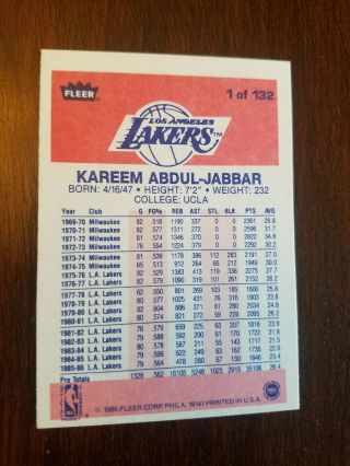 1986 Fleer Kareem Abdul - Jabbar 1 Basketball Card 2