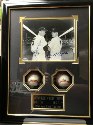 Joe Dimaggio & Mickey Mantle 8x10 Plus 2 Single Signed Baseballs In Shadow Box