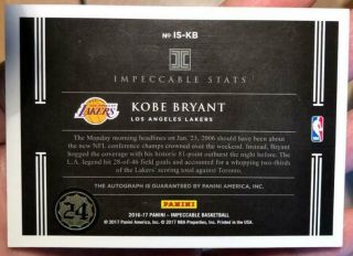 Kobe Bryant 2016 - 17 Panini Impeccable Career - High Points 81 PST Auto 06/81 2
