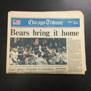 1985 Chicago Bears Bowl Xx Champions Tribune Newspaper January 27,  1986