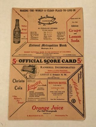 Rare Unscored 1927 Washington Senators Scorecard W/walter,  Tris,  Goose,  Rice.