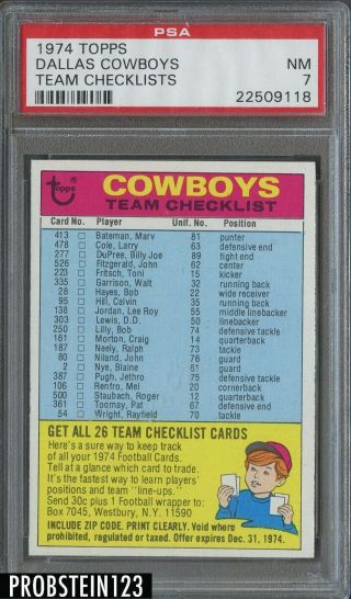 1974 Topps Football Dallas Cowboys Team Checklist Psa 7 Nm