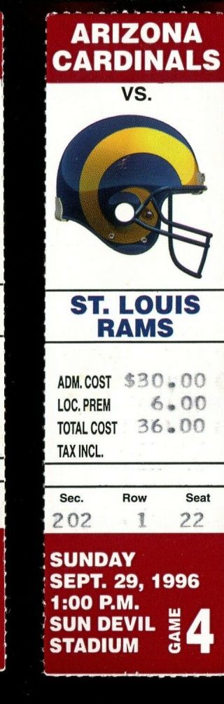 Ticket Football Arizona Cardinals 1996 9/29 St.  Louis Rams