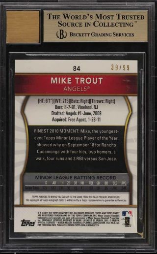 2011 Finest Orange Refractor Mike Trout ROOKIE RC AUTO /99 84 BGS 9.  5 (PWCC) 2