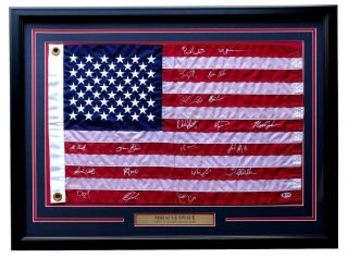 1980 Miracle On Ice Team Signed Framed 33x24 Usa Flag Bas 20 Autographs