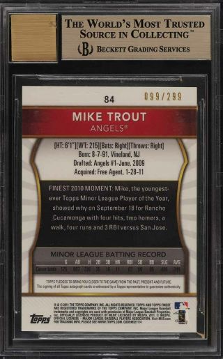 2011 Finest Xfractor Mike Trout ROOKIE RC AUTO /299 84 BGS 10 PRISTINE (PWCC) 2