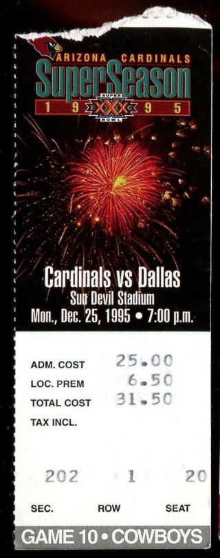 Ticket Football Arizona Cardinals 1995 12/25 Dallas Cowboys Emmitt Smith