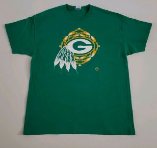 Green Bay Packers G Logo With Indian Design & Feathers T - Shirt By Gildan UC 2