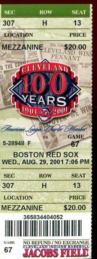 Baseball Ticket Cleveland Indians 2001 8/29 Boston Red Sox