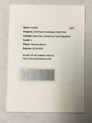 2019 Contenders Draft Game Day Ticket Cracked Ice Auto Marquise Brown /23 (gg)