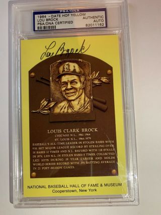 Lou Brock Signed Hall Of Fame Plaque Psa Dna Slabbed Cardinals Hof