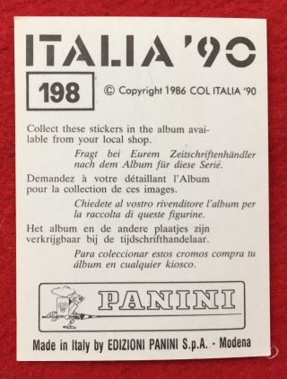 Vintage Panini world Cup Italia 90 sticker - 198 Aldair Brazil 2