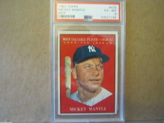 1961 Topps 475 Mickey Mantle - Most Valuable Player Yankees Psa 6 - Ex/mt