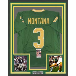 Framed Autographed/signed Joe Montana 33x42 Notre Dame Green Jersey Jsa Auto