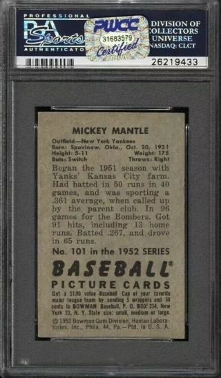 Mickey Mantle 1952 Bowman 101 PSA 5 (PWCC Certified) 2