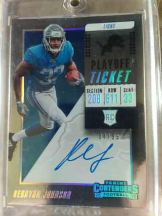 2018 Panini Contenders Playoff Ticket 117 Kerryon Johnson Rc On Card Auto 34/99