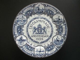 Rare Blue & White Ceramic Plate 1928 Amsterdam Olympic Games Olympics Olympiade