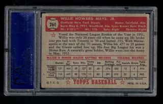 1952 Topps Willie Mays 261 York Giants High GRADED PSA 4 Rookie Card 2