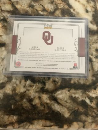 2018 Baker Mayfield National Treasures 69/99 Rookie Jersey W/ Mark Andrews 2
