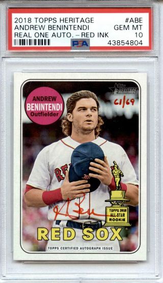 2018 Topps Heritage Real One Auto Red Ink Andrew Benintendi Serial 61/69 Psa 10