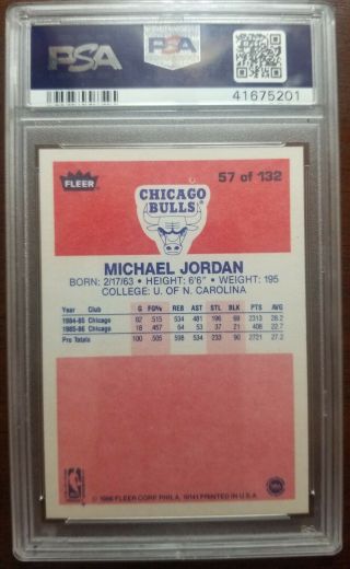1986 Fleer Michael Jordan 57 Basketball Card PSA 8 ROOKIE RC 2