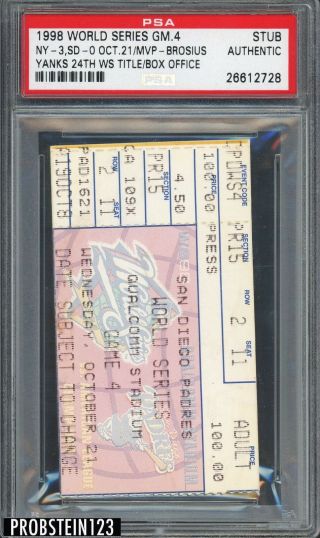 1998 World Series Game 4 Ticket Stub Psa Authentic York Yankees 24th Title