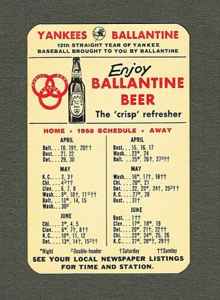1958 York Yankees Pocket Schedule Ballantine Ale,  Nm,  (921)