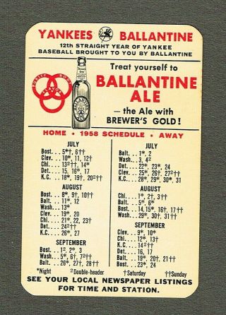 1958 York Yankees Pocket Schedule Ballantine Ale,  NM,  (921) 2