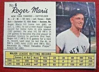 Roger Maris - 1962 Post Cereal Baseball Card 6 - York Yankees - Near Mt
