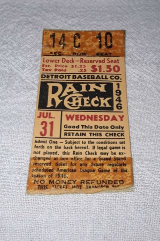 1946 Detroit Tigers Vs York Yankees Ticket Stub July 31 1946 Hank Greenberg