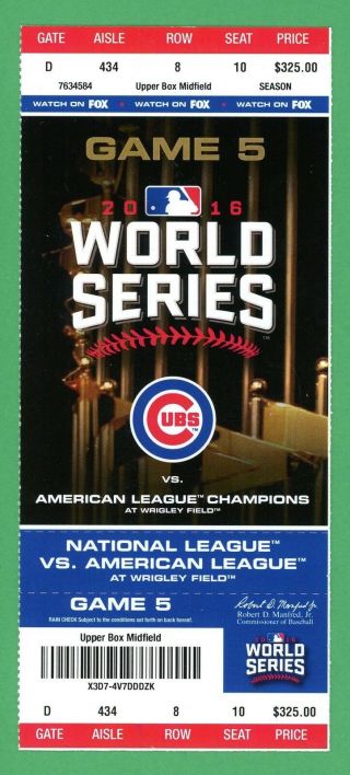 2016 World Series Game 5 Chicago Cubs Cleveland Indians Ticket Cubs Win 2