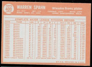 1964 Topps Baseball Warren Spahn 400 Low 2