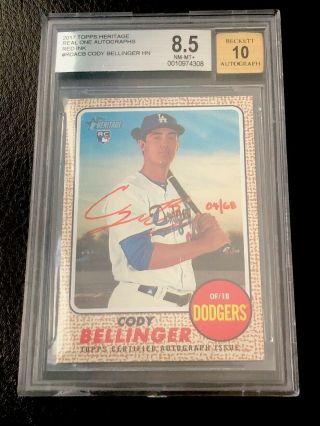 2017 Topps Heritage Real One Red Ink Cody Bellinger Rc Auto Bgs 8.  5 Sp /68