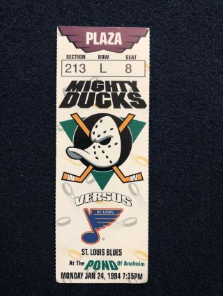 1993 - 94 Mighty Ducks Of Anaheim Inaugural Season Ticket Stub Vs St Louis Blues