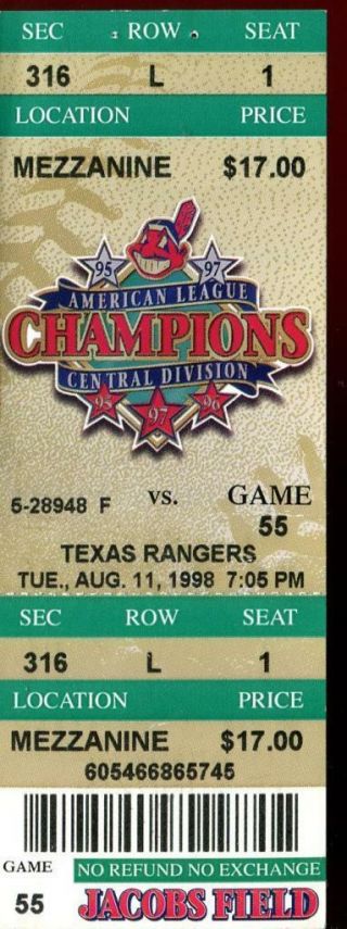 Baseball Ticket Cleveland Indians 1998 8/11 Texas Rangers