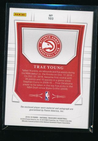 2018 - 19 National Treasures 103 Trae Young RC PATCH AUTO RPA 37/99 2