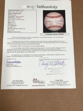 Mickey Mantle Signed Baseball HOF 1974 Inscription JSA Authentication 9